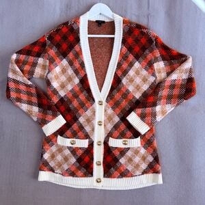 Talbots Womens Argyle Plaid Cardigan Orange Brown Gold Crest Button Size SP